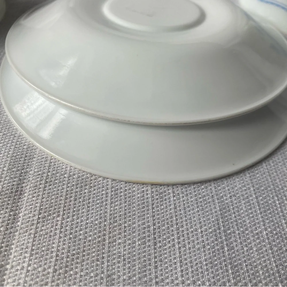 Pair of 'Morning Blue' Pyrex Cups and Corelle Saucers (see photos & description)
